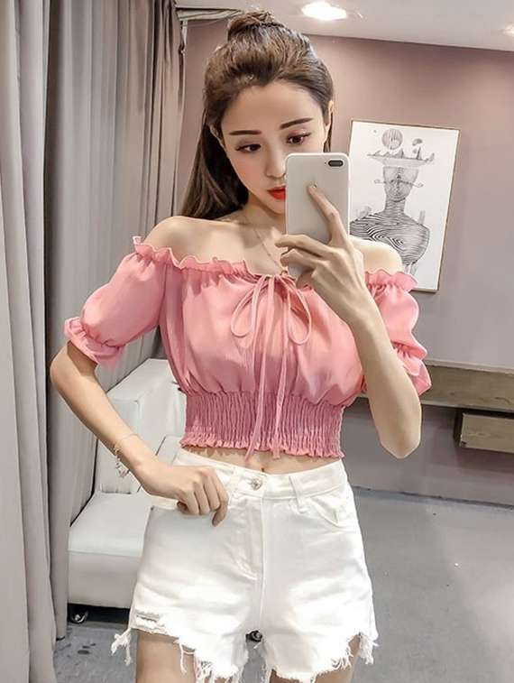 smocked hem off shoulder crop top