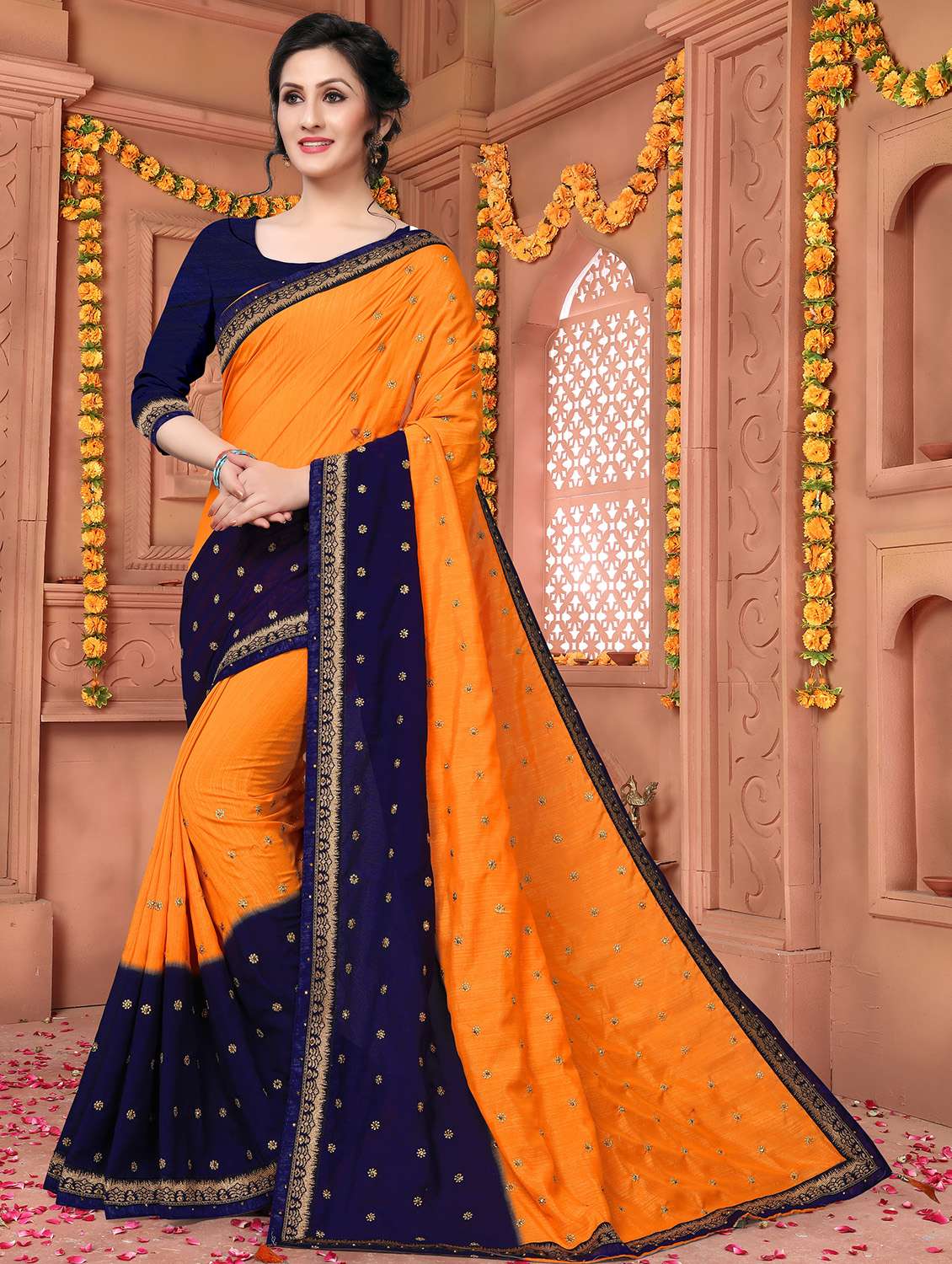 contrast border embellished saree with blouse