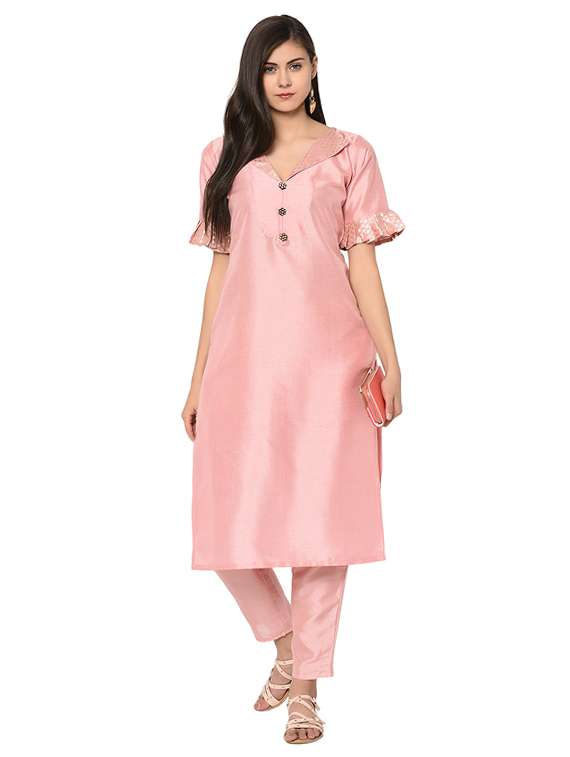 ruffle sleeved solid kurta with pant set