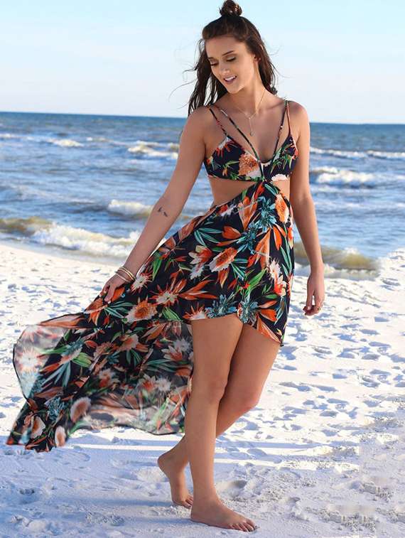 cut out tropical high low dress
