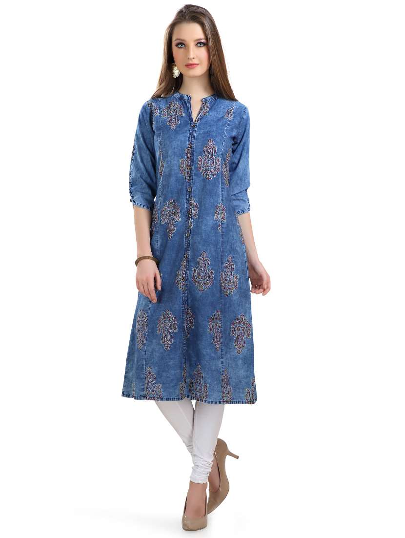 denim printed straight kurta