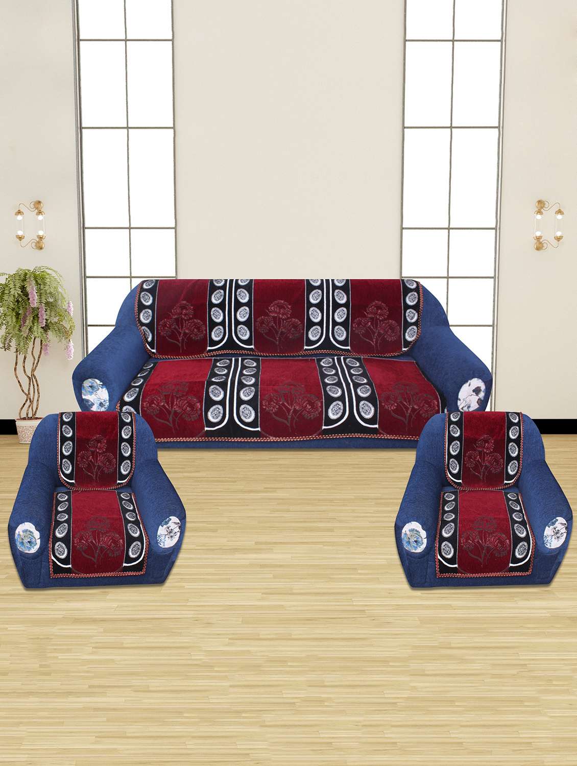 polyester fabric floral design sofa covers set of 5 seater - maroon