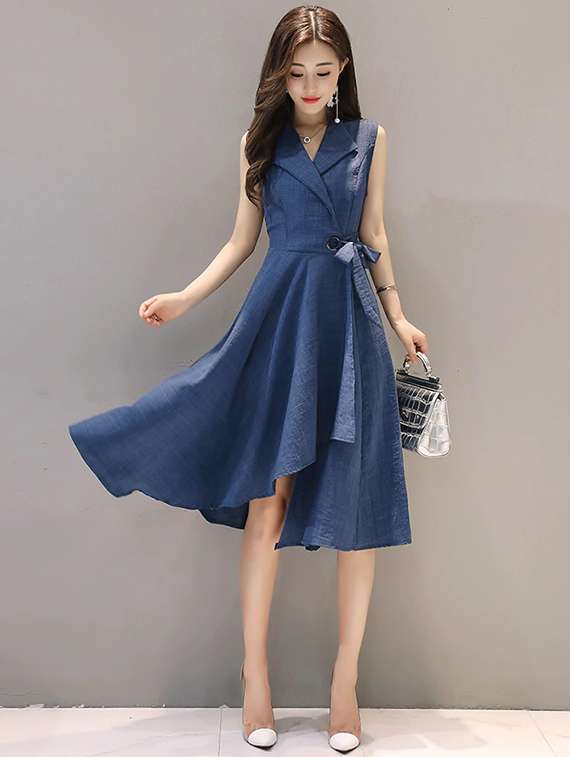 lapel neck tie knot wrap dress