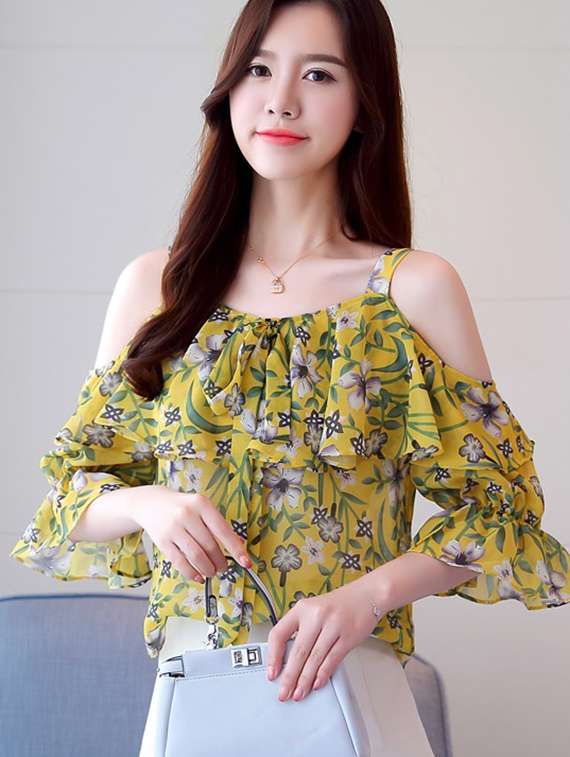 ruffled cold shoulder floral top