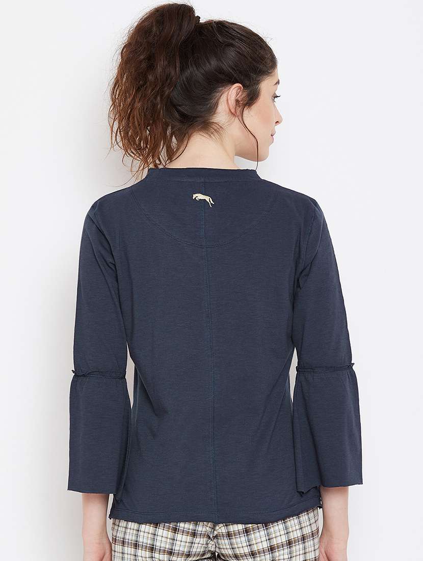 frill trim round neck top - 16040281 - Standard Image - 2