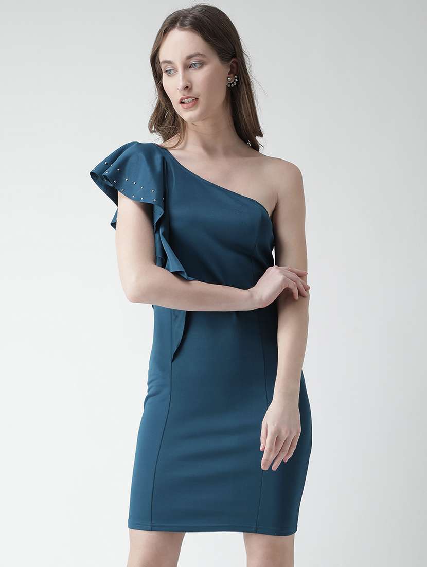 ruffled single shoulder sheath dress