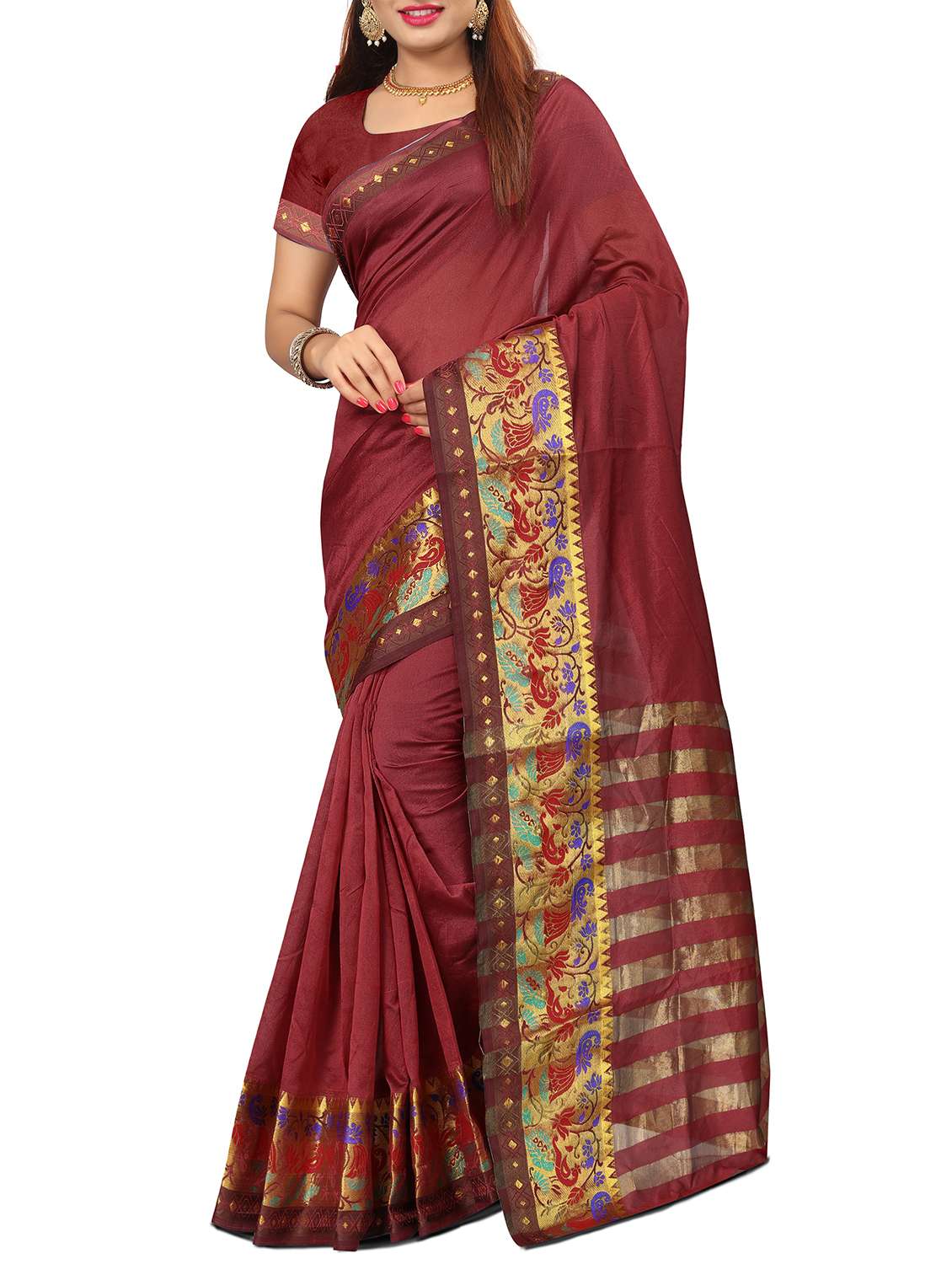 zari border maroon woven saree with blouse