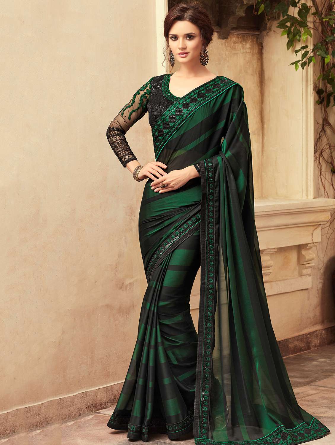 embellished border green saree with blouse