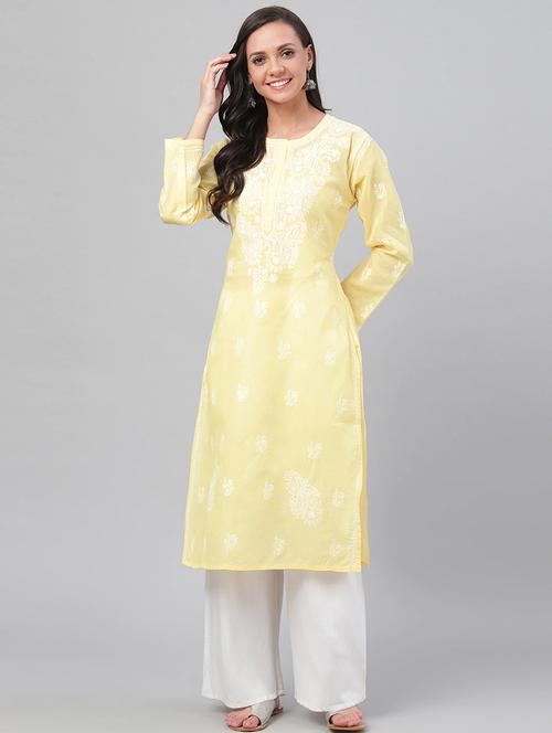 lemon yellow knee length cotton women chikankari kurta - 16047626 -  Standard Image - 0