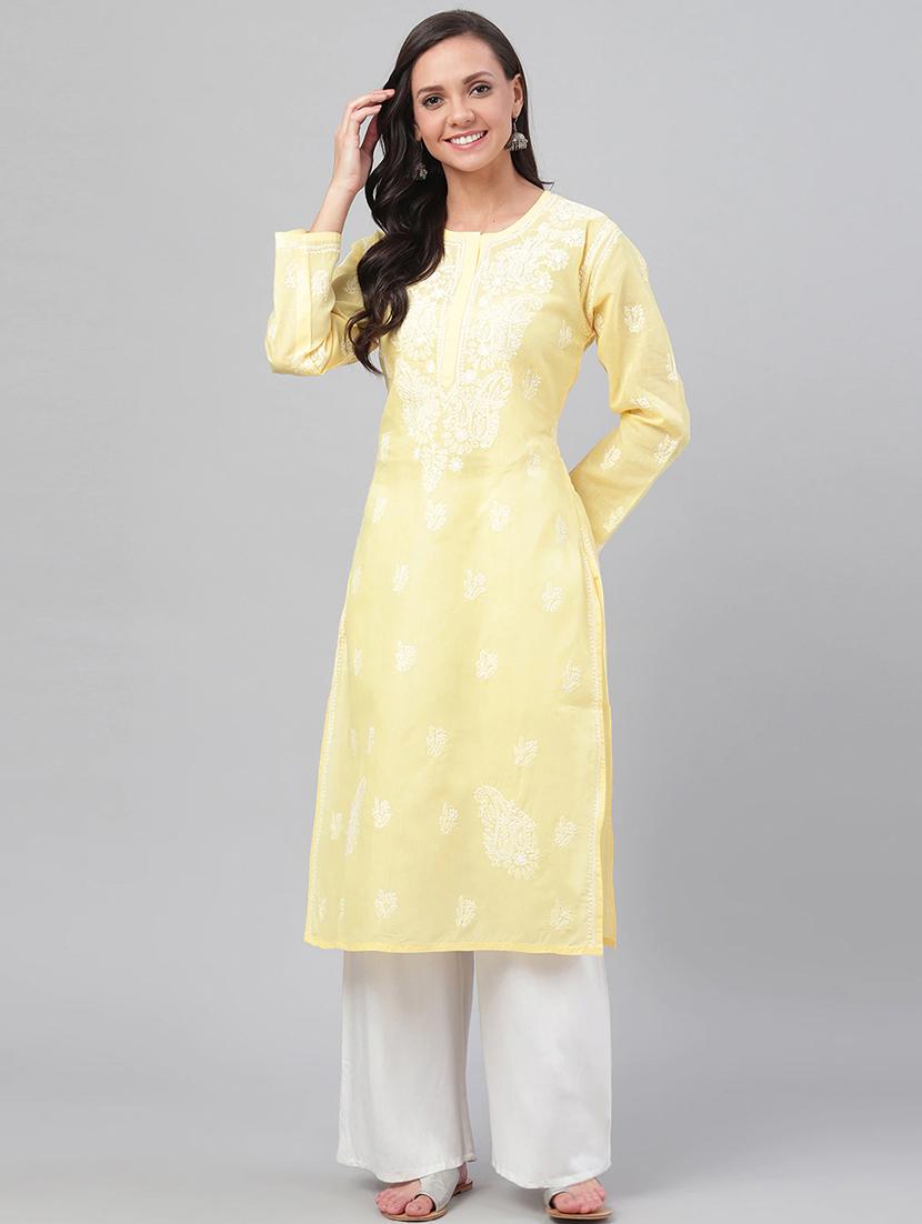 lemon yellow knee length cotton women chikankari kurta - 16047626 -  Zoom Image - 0
