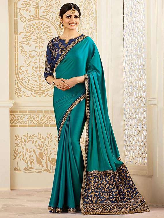 turquoise embroidered border saree with blouse