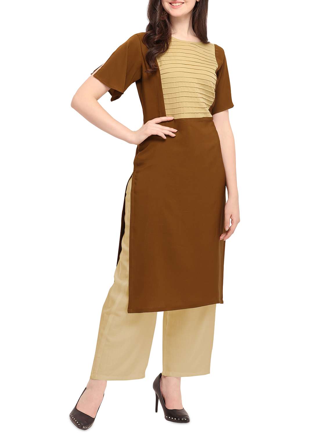 pintucks contrast solid kurta