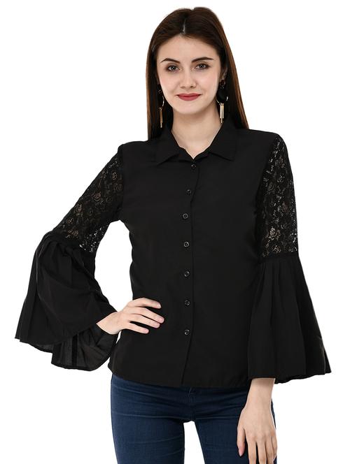 bell sleeved mesh panel shirt - 16054113 - Standard Image - 0