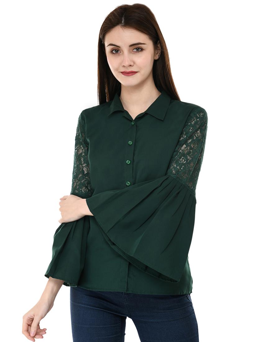 bell sleeved mesh panel shirt - 16054114 -  Zoom Image - 0