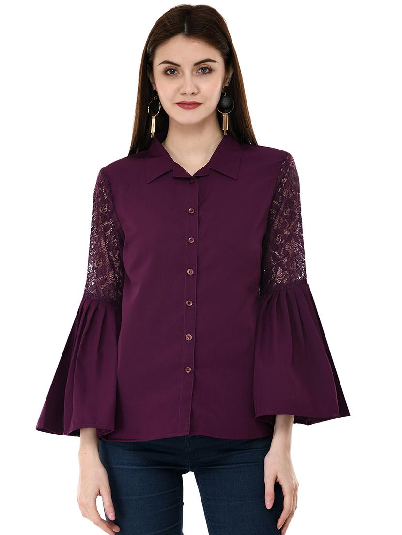 bell sleeved mesh panel shirt - 16054115 -  Zoom Image - 0
