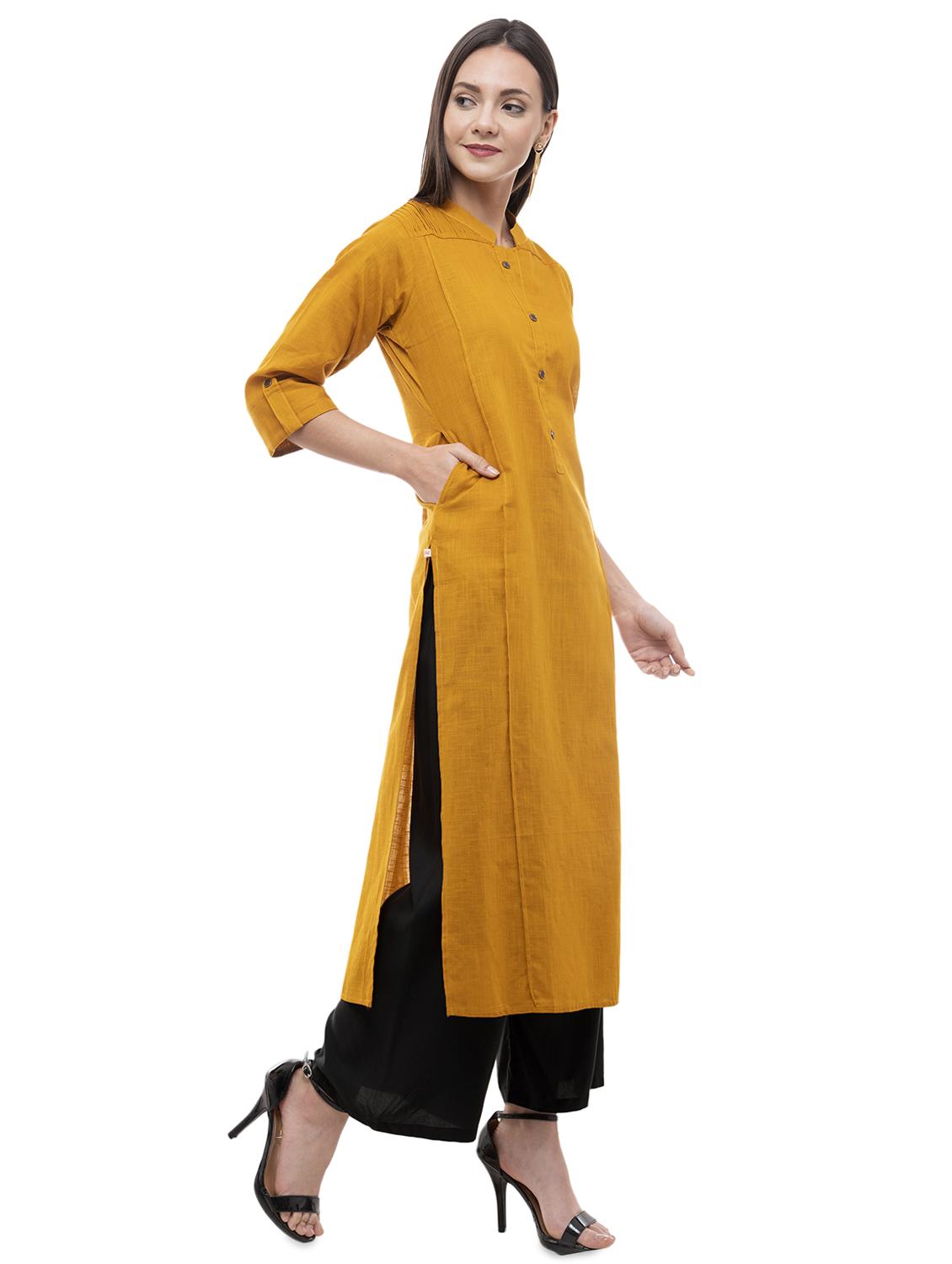 mustard solid straight kurta - 16062624 - Standard Image - 2