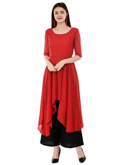 high-low solid kurta with palazzo set - 16072340 - Standard Image - 0