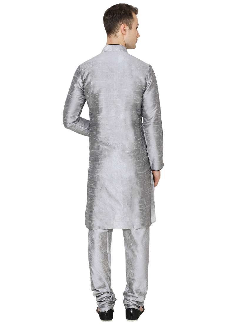 silver silk blend long kurta - 16079677 -  Standard Image - 2