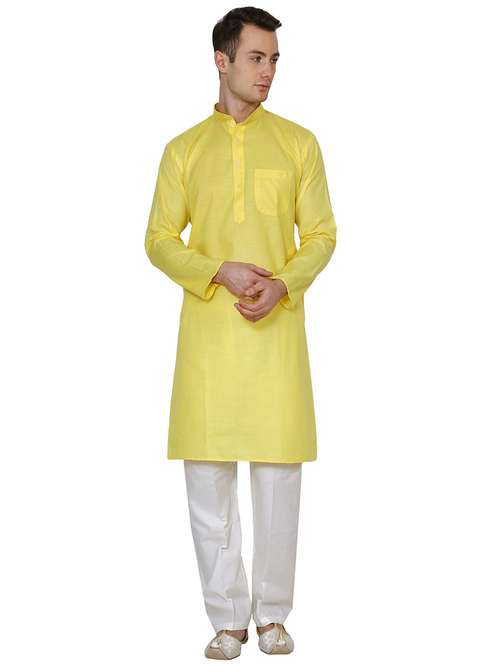 yellow cotton long kurta - 16079693 - Standard Image - 0