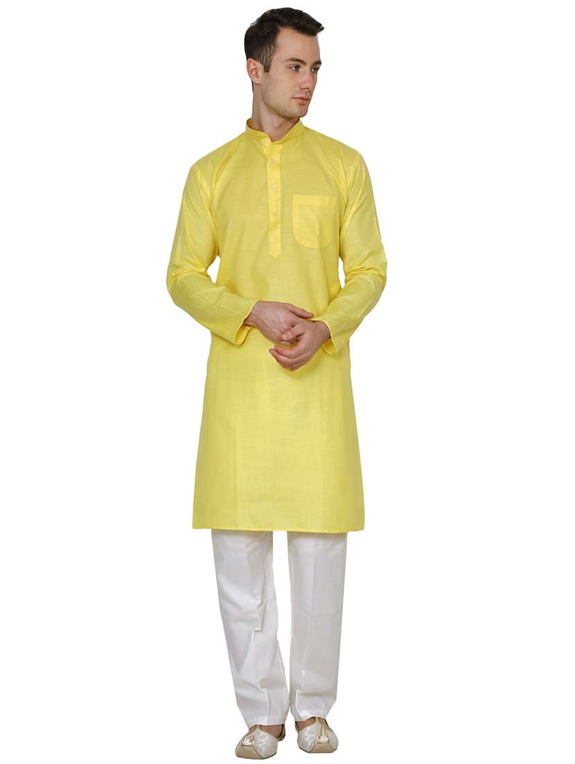yellow cotton long kurta - 16079693 - Zoom Image - 0