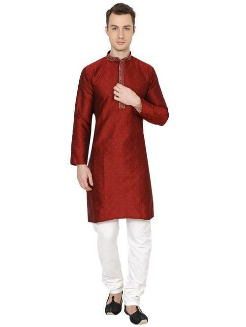 red silk blend long kurta - 16079702 - Standard Image - 0
