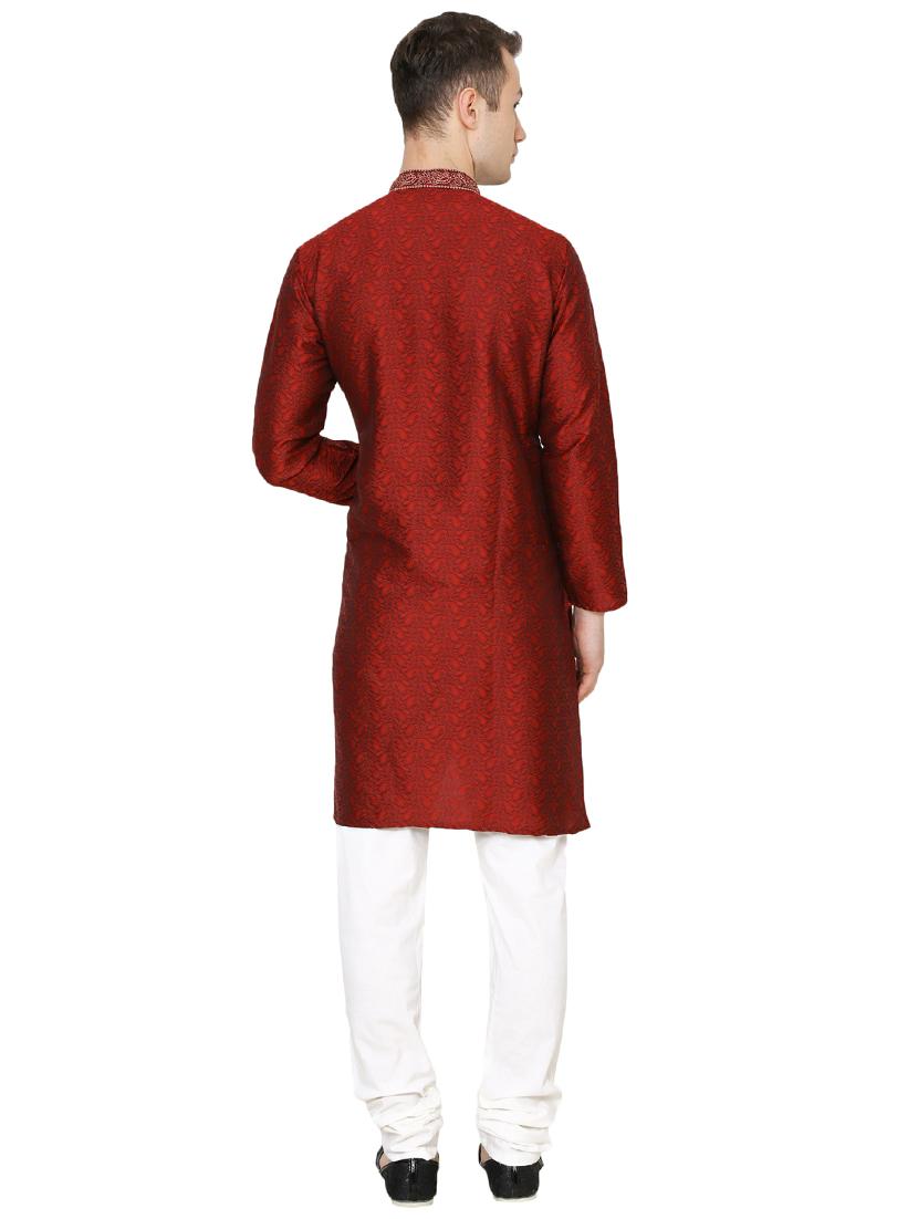 red silk blend long kurta - 16079702 - Standard Image - 2