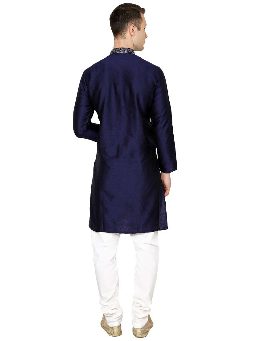 navy blue silk blend long kurta - 16079703 - Standard Image - 2