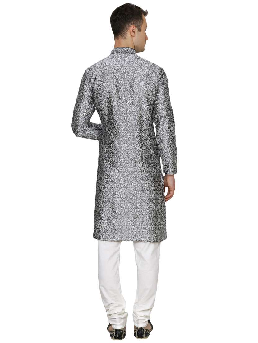 silver silk blend long kurta - 16079704 -  Standard Image - 2