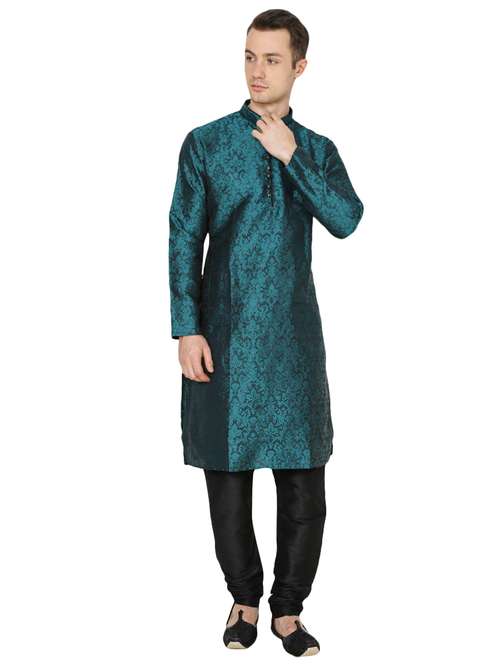 green silk blend long kurta - 16079705 - Standard Image - 0