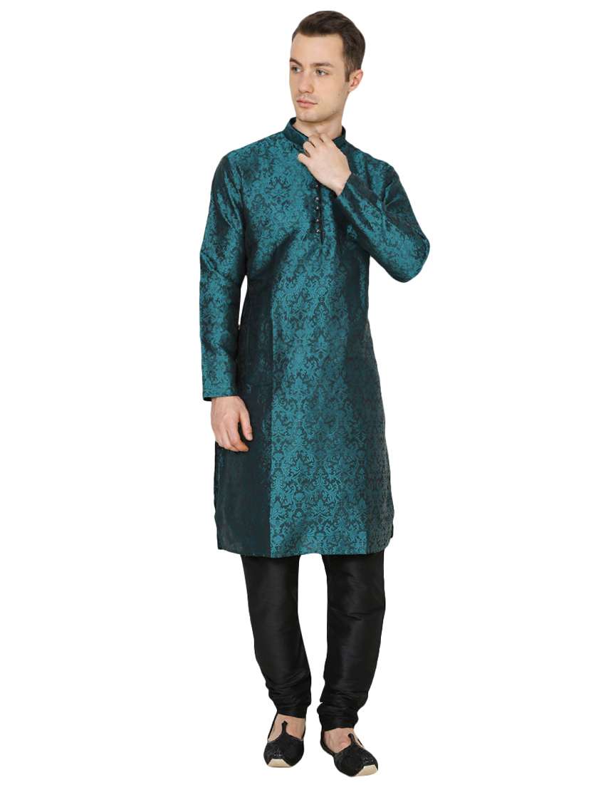 green silk blend long kurta - 16079705 - Zoom Image - 0