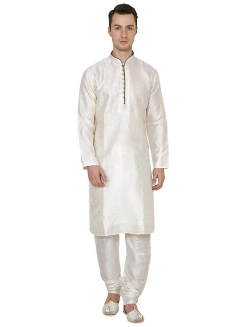 white silk blend long kurta - 16079706 -  Standard Image - 0
