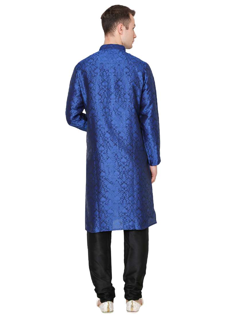 blue silk blend long kurta - 16079707 - Standard Image - 2