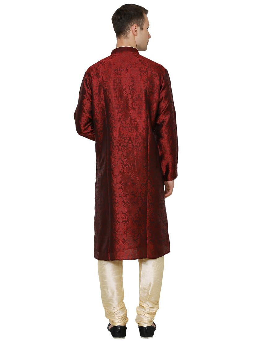 red silk blend long kurta - 16079708 - Standard Image - 2