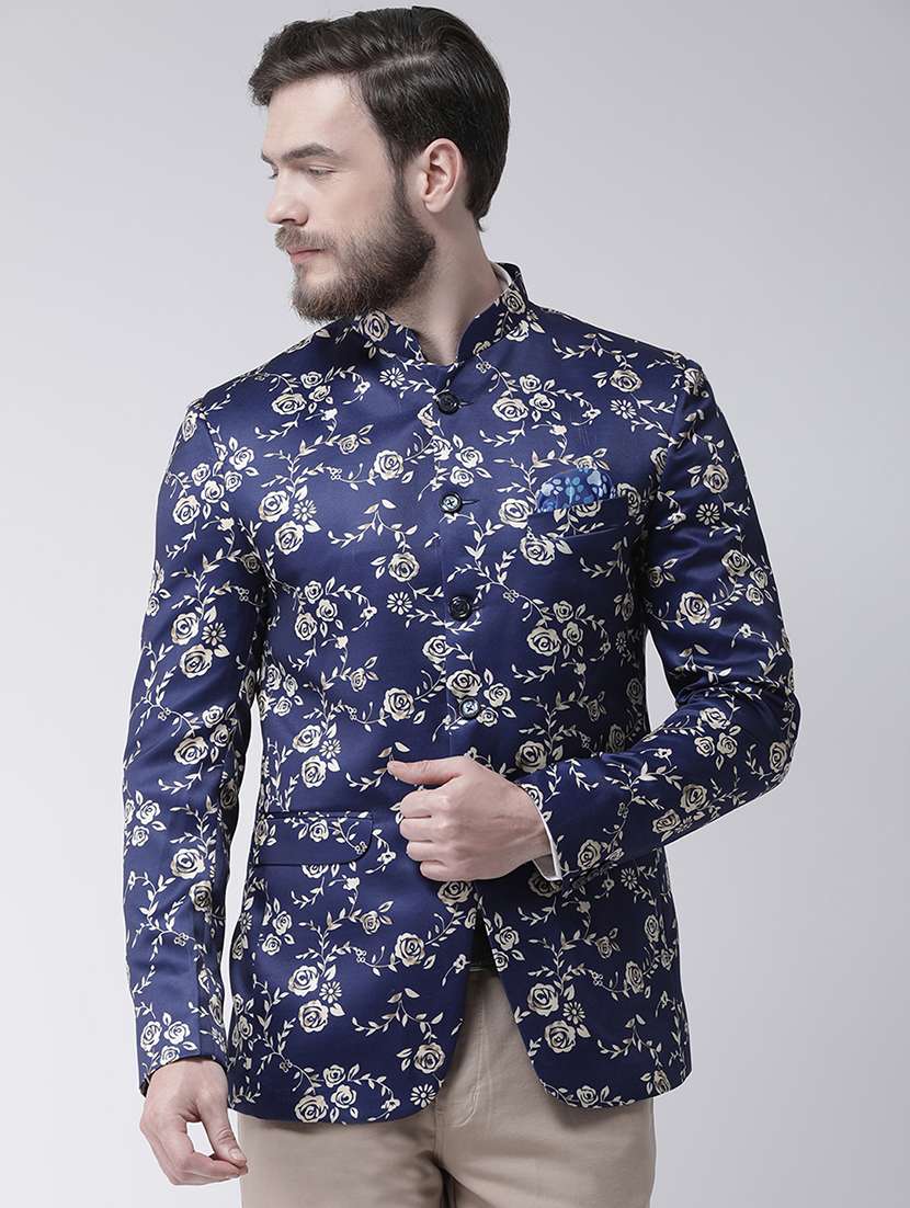 blue polyester bandhgala blazer