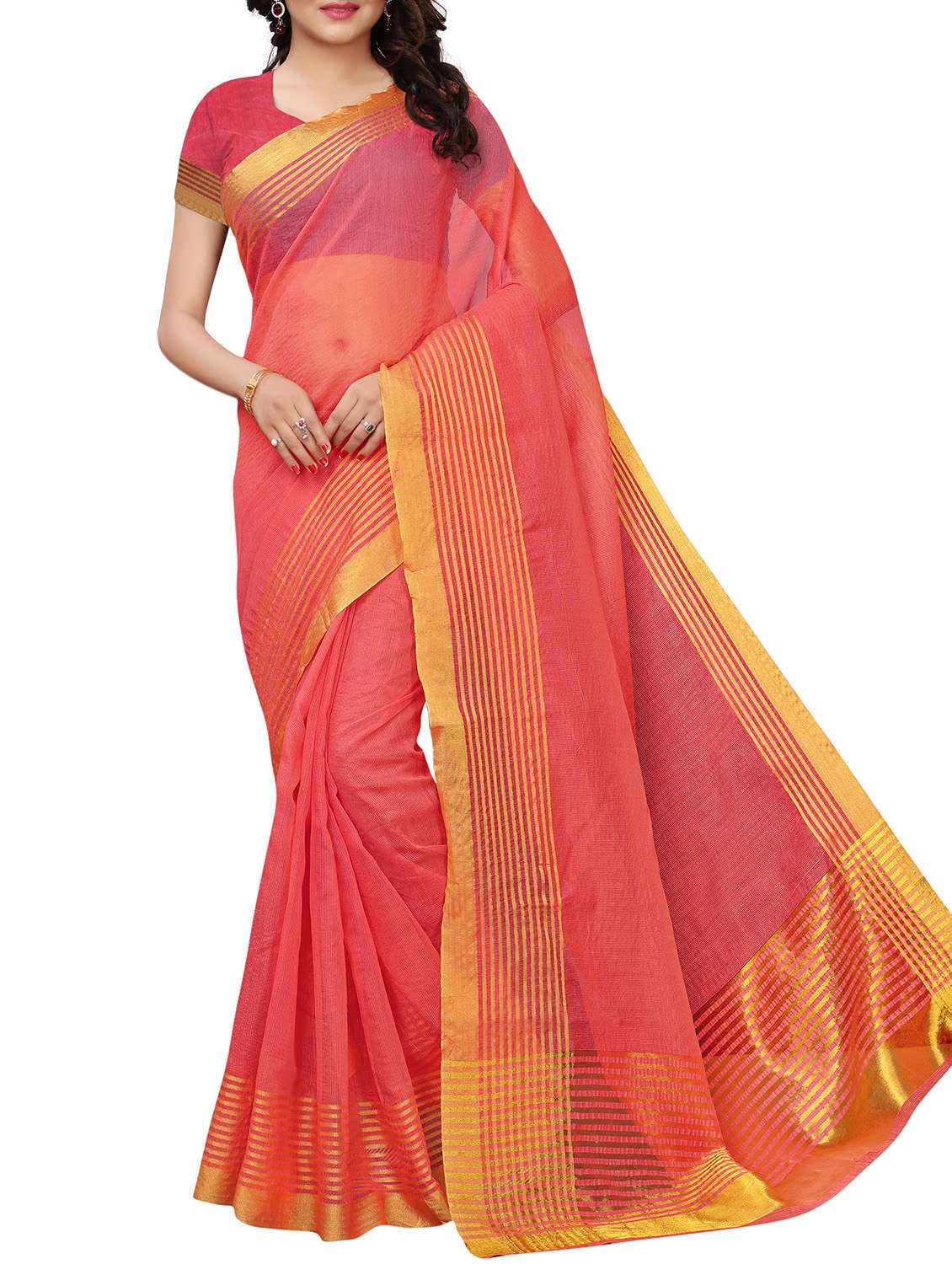 pink cotton printed saree with blouse
