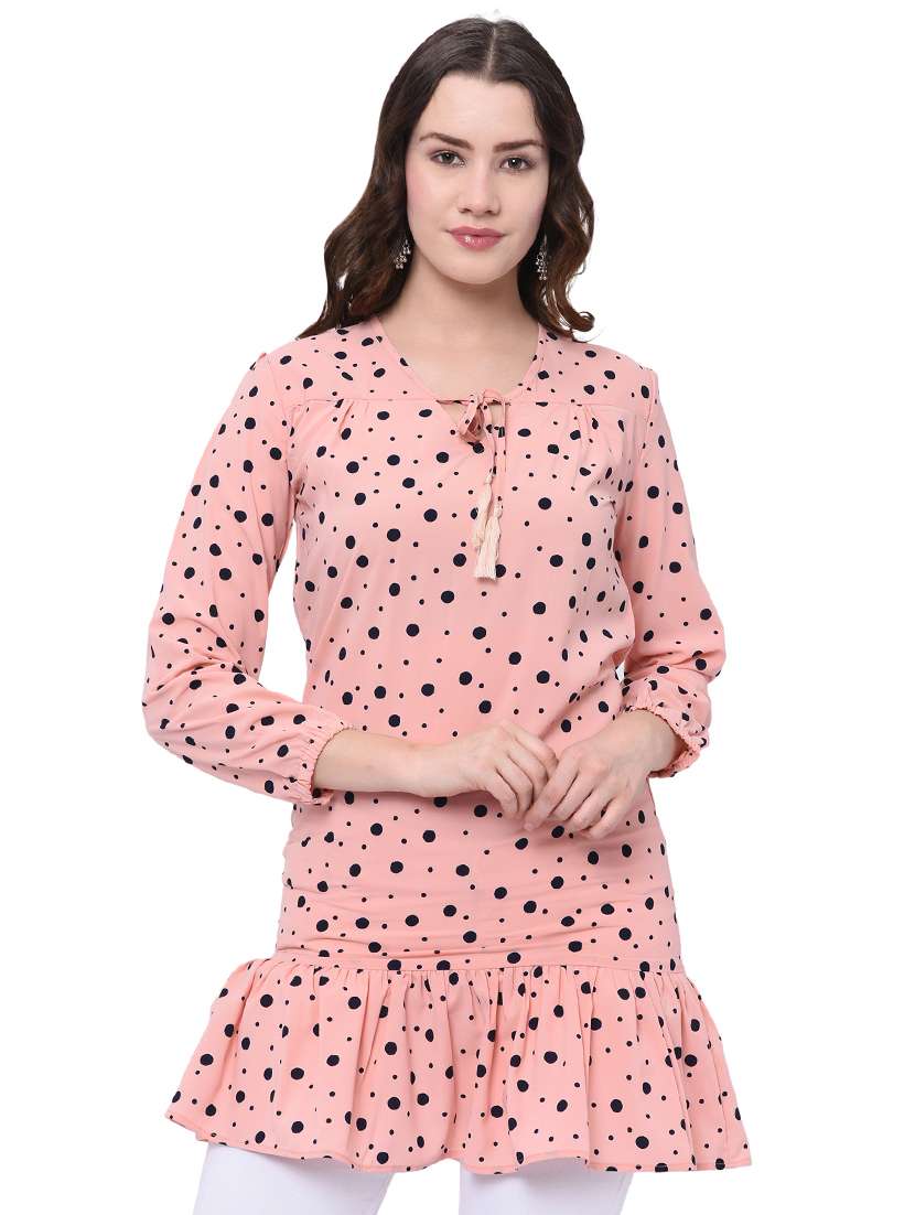 polka dot ruffled hem tie up neck regular fit tunic