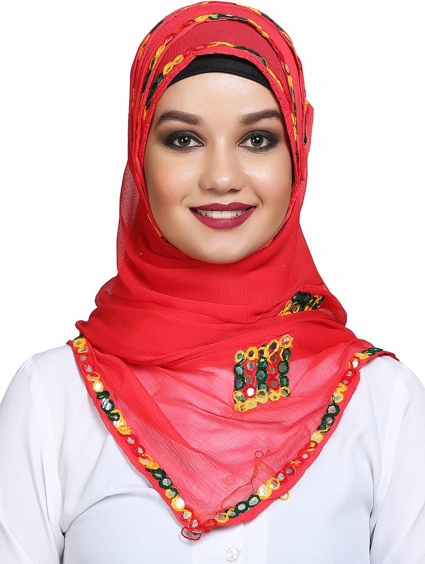 red mirror work embroidered scarf - 16101072 - Zoom Image - 0