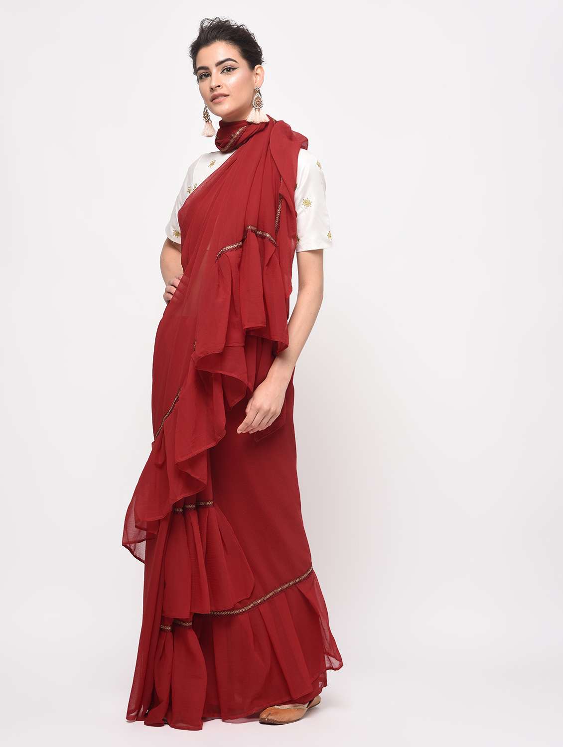 ruffle lace border fusion saree with blouse