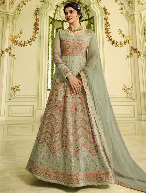 floral embroidered semi-stitched anarkali suit