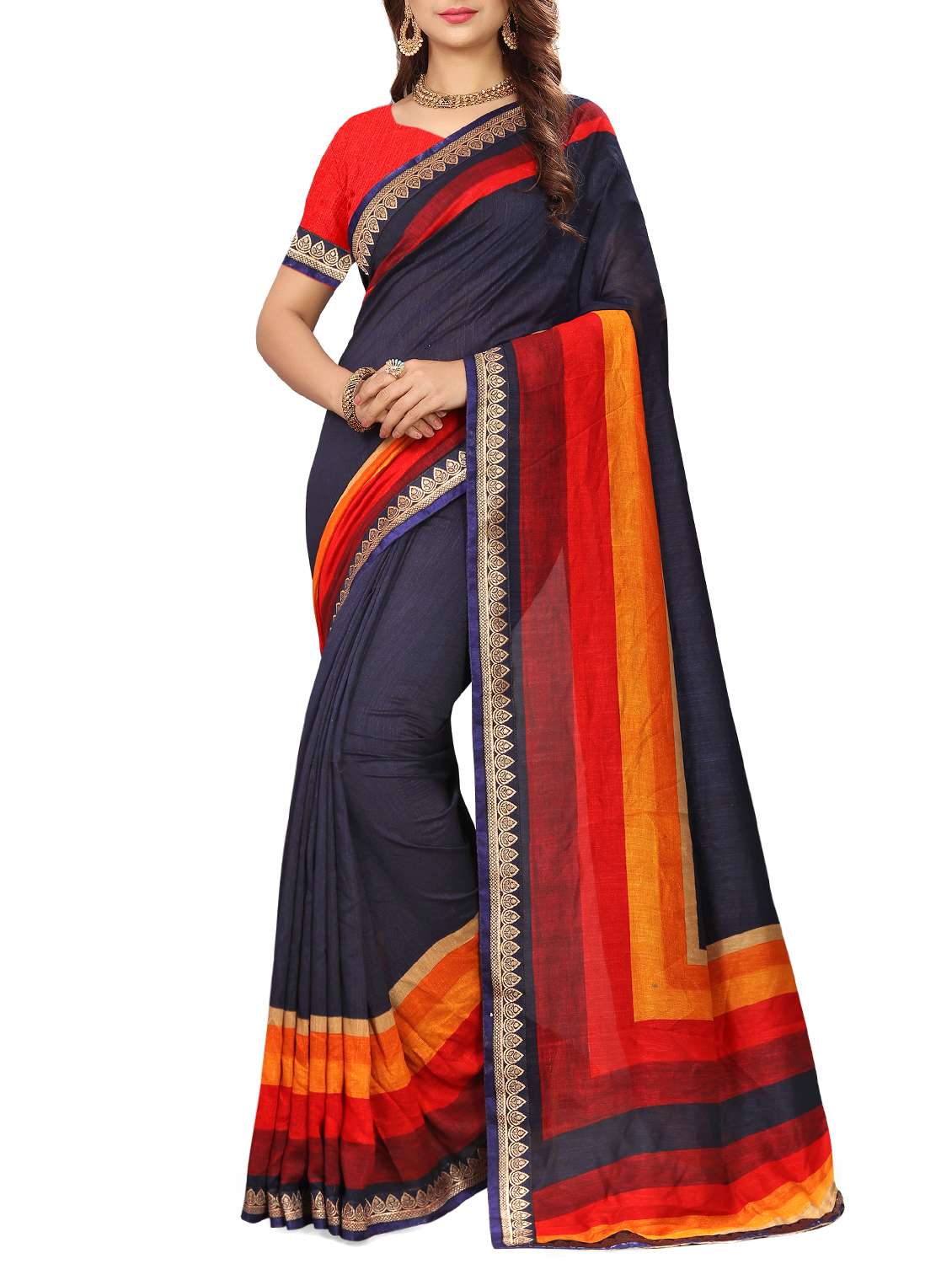 women's stripes navy blue colored saree with blouse