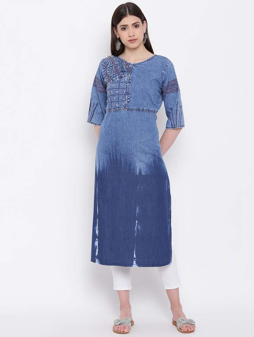 pintucks denim straight kurta