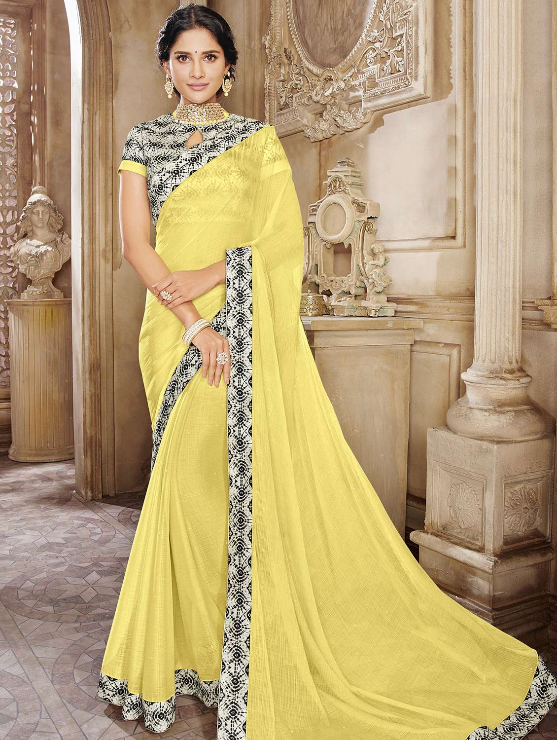 printed border embellished saree with blouse