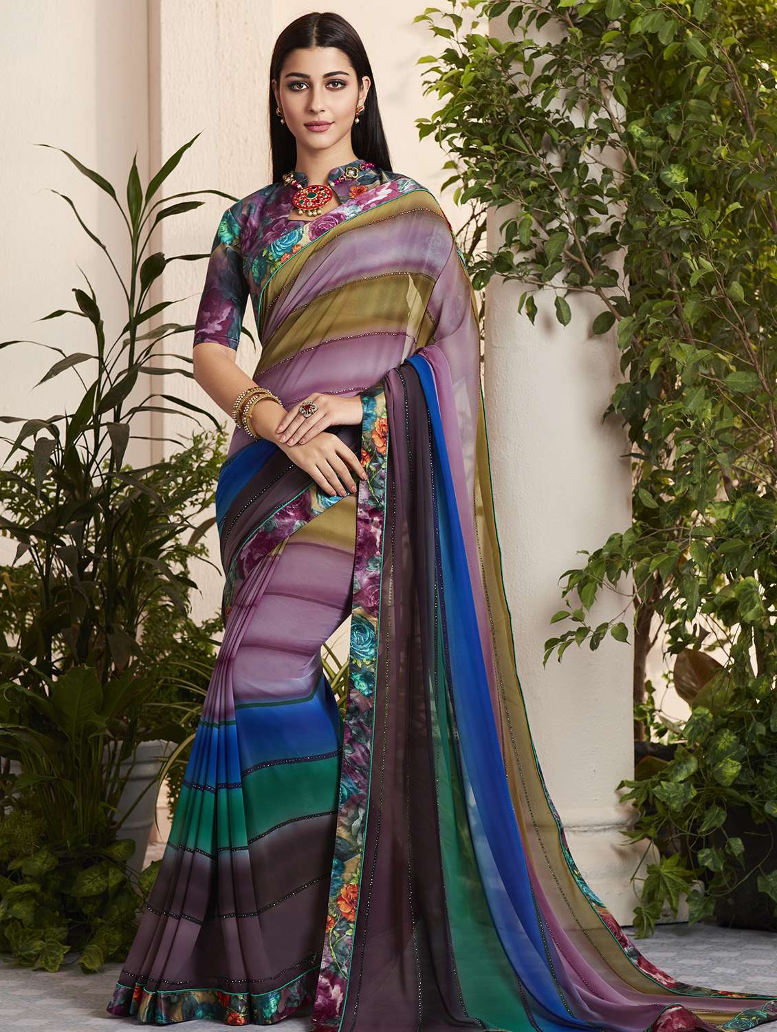 striped embellished printed saree with blouse