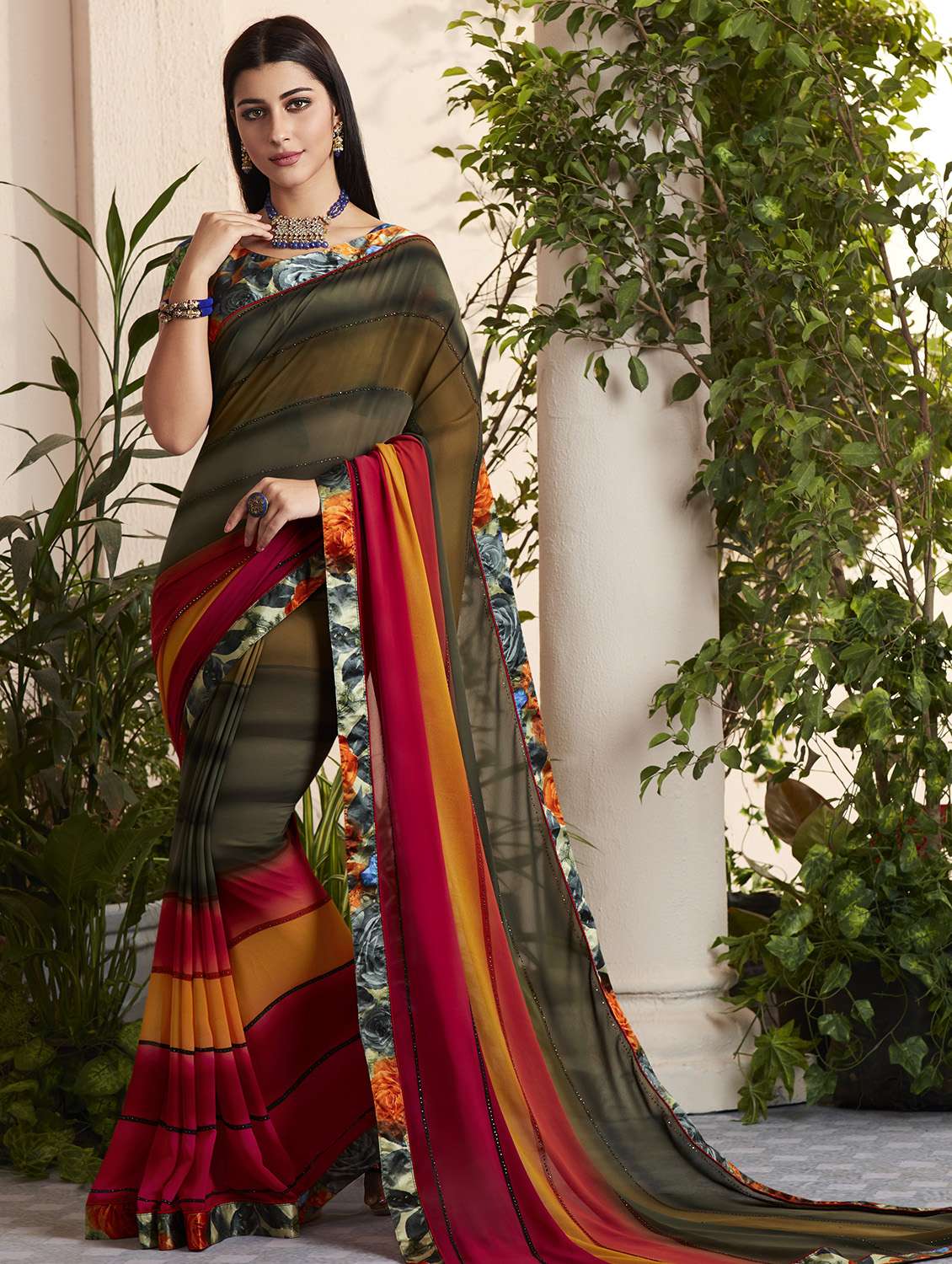 striped embellished printed saree with blouse