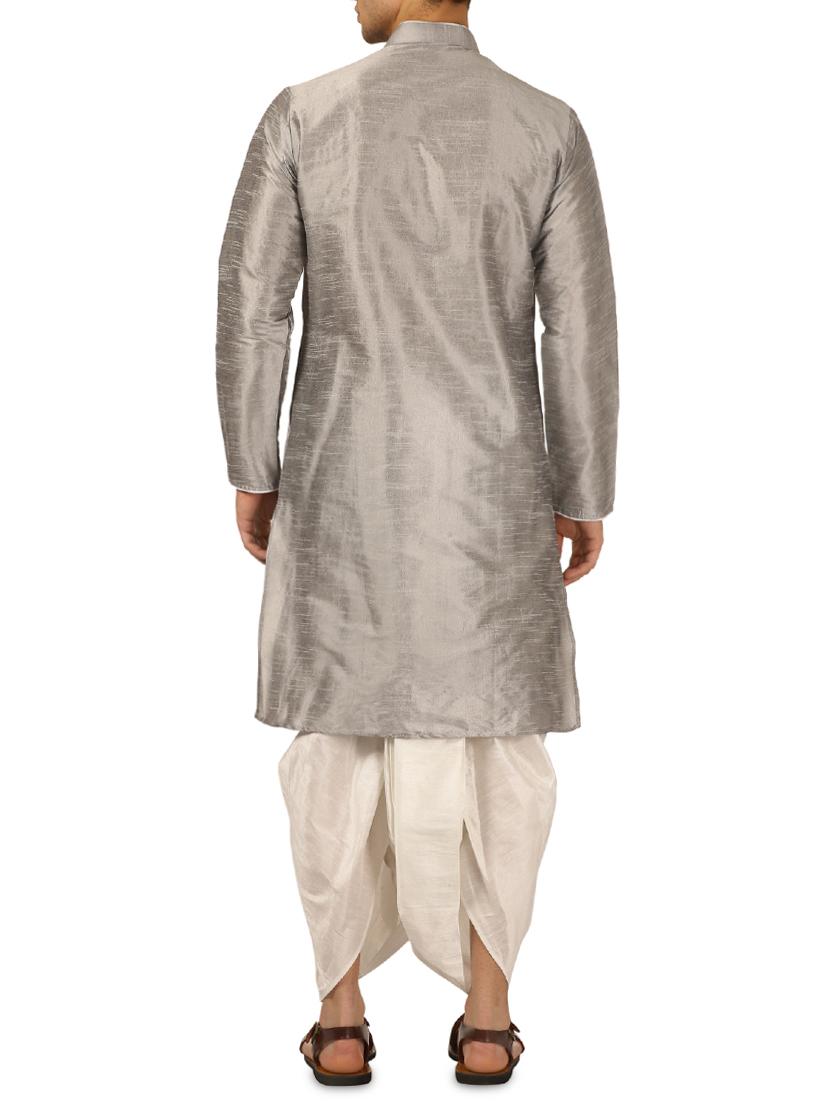 silver silk blend dhoti kurta set - 16114970 - Standard Image - 2