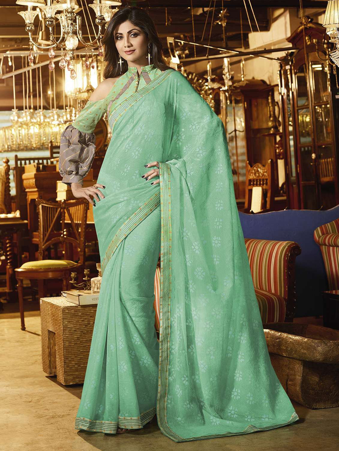 turquoise brasso saree with blouse