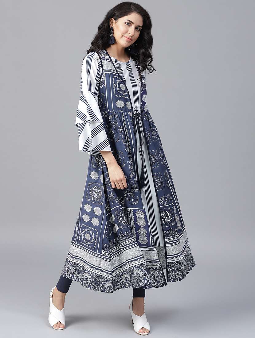 striped a-line kurta with printed jacket