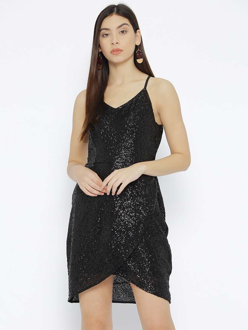 front overlap sequined asymmetric dress