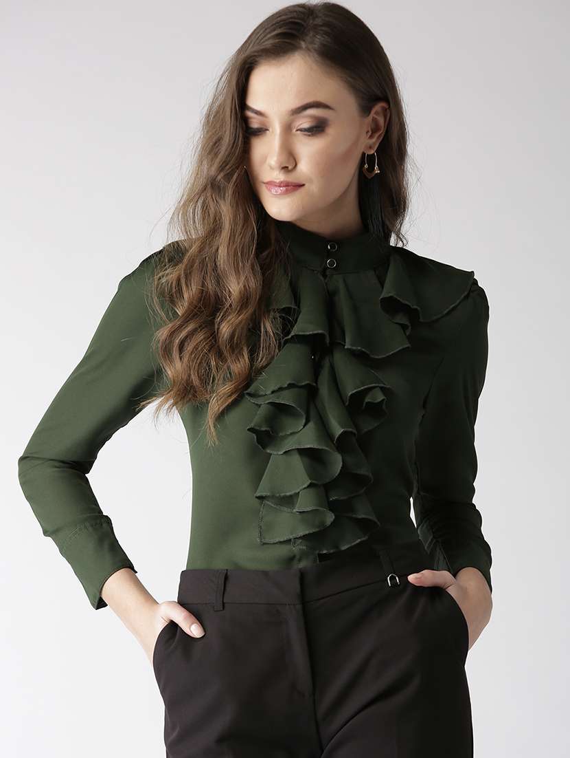 mock neck button up ruffled top