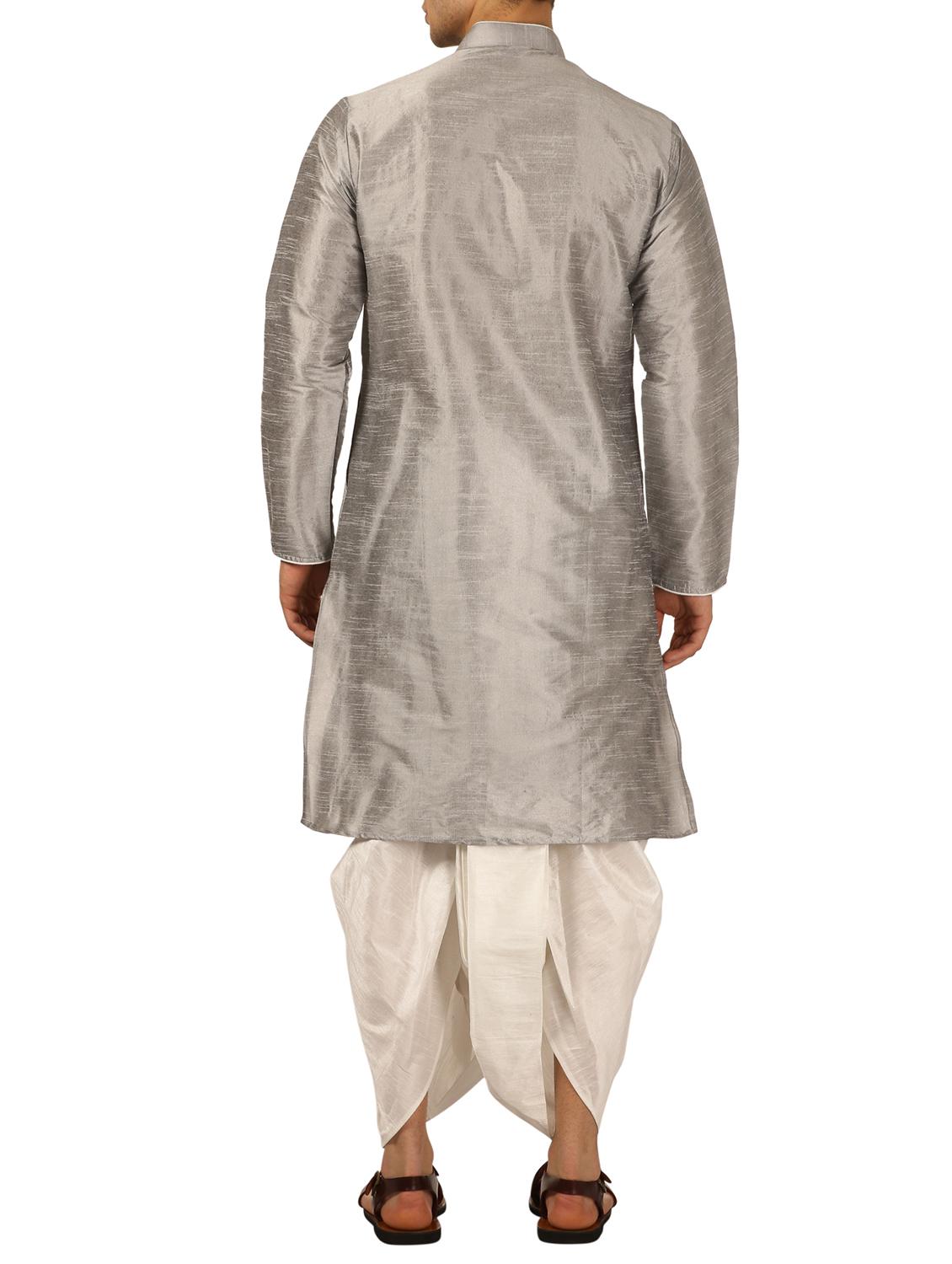 silver silk blend dhoti kurta set - 16134974 - Standard Image - 2